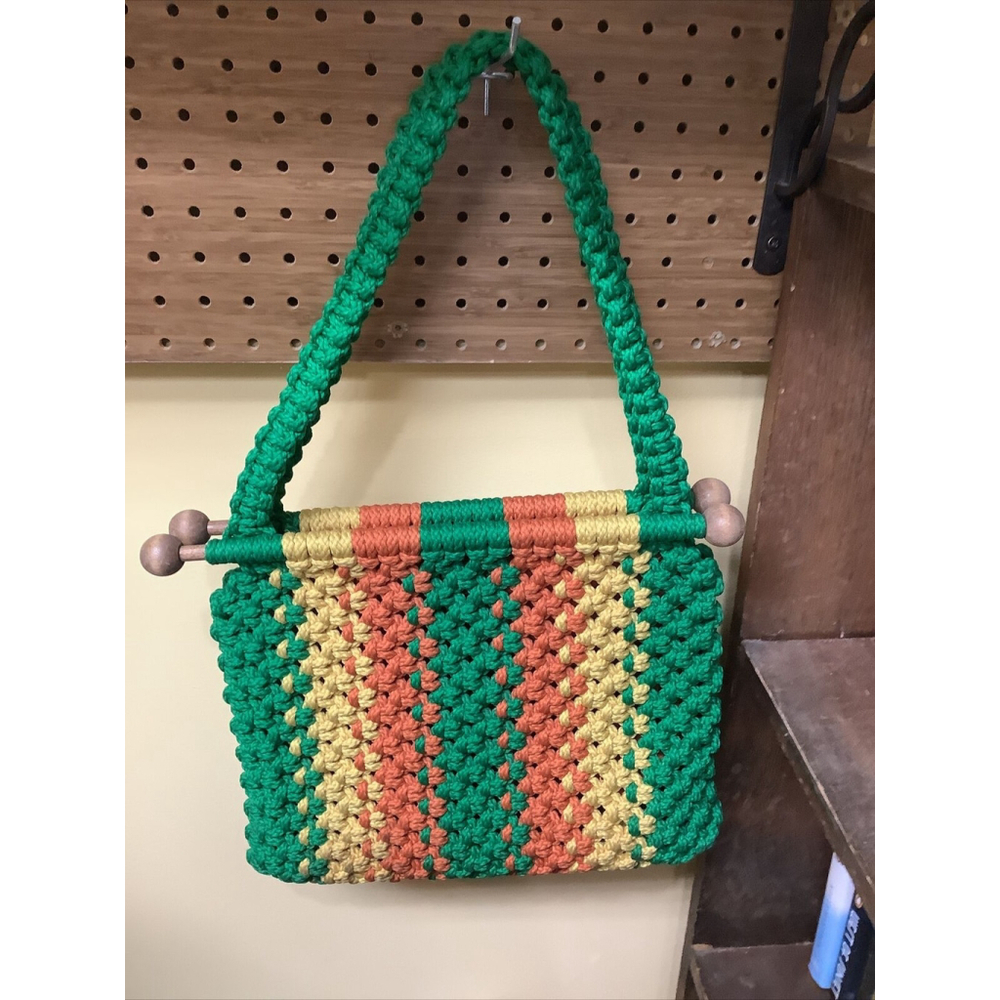 Navy crochet macrame wooden handle purse handbag gingham lining boho
